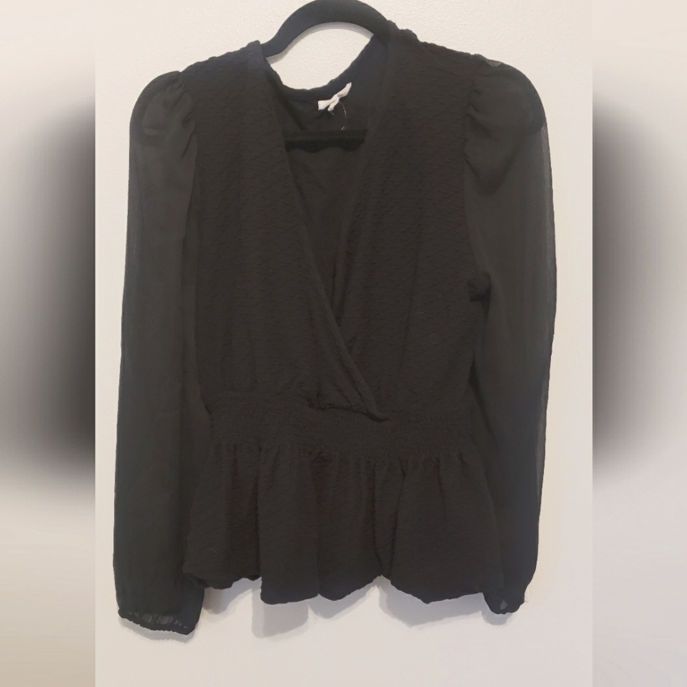 Black Peplum Top with Sheer Sleeves